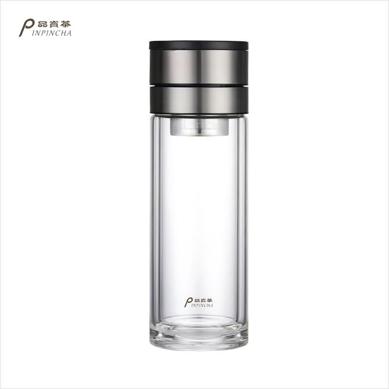 品贫茶  一键开盖双层隔热商务玻璃茶杯PPC-YJKG4-5