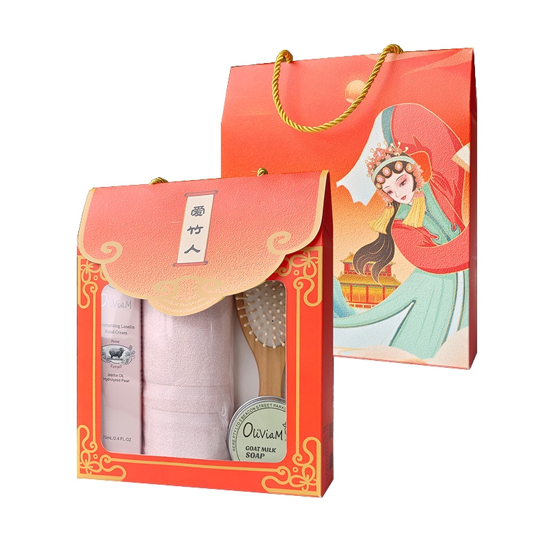 爱竹人  毛巾羊奶皂护手霜梳子4件套A10