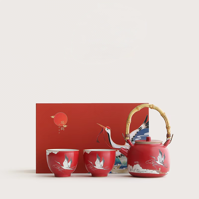 尾桥下窑  宫墙红瑞鹤呈祥提梁茶具礼品套装