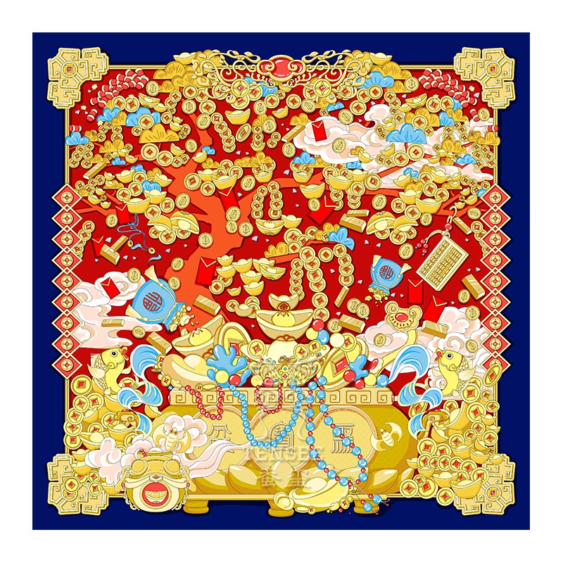 蚕玺  恭喜发财真丝丝巾