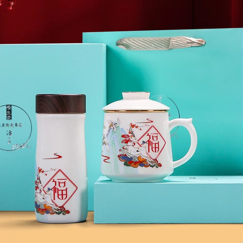 福鹿同行羊脂玉瓷两件套装