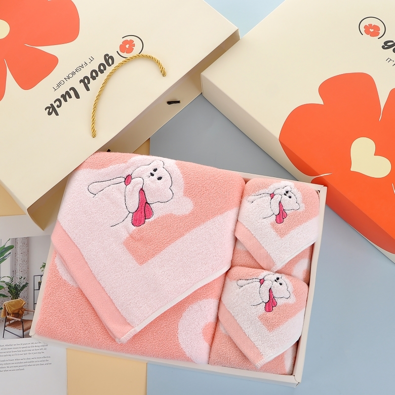 奥来纯  纯棉色织萌熊毛巾浴巾三件套礼盒