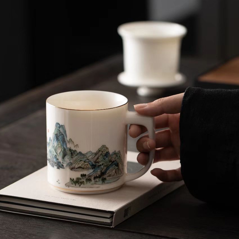 千里江山浮雕画面高端办公杯