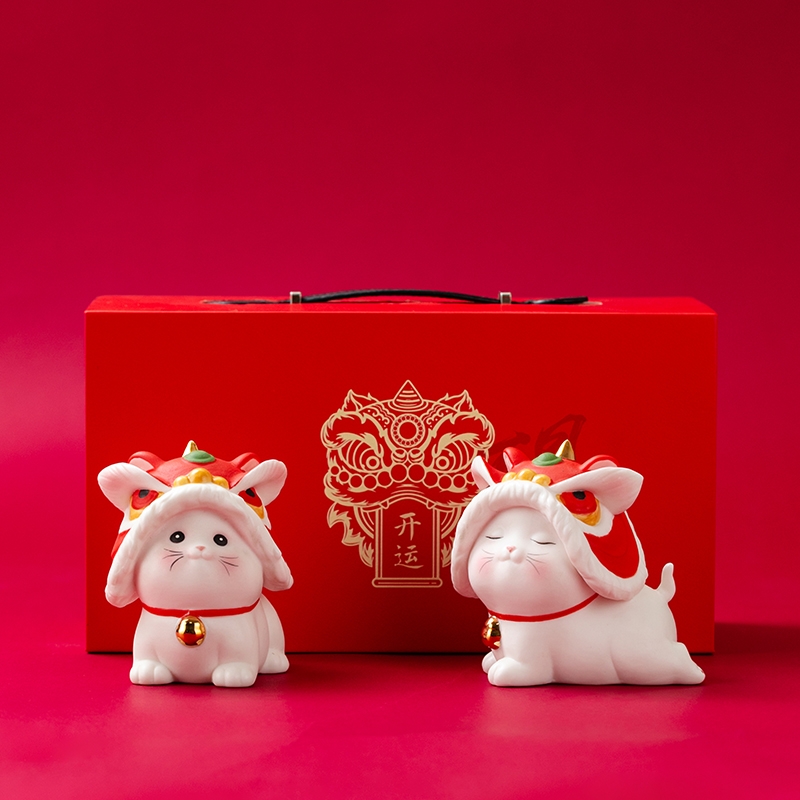 拂器  醒狮开运陶瓷舞狮猫一对白瓷摆件BJ002-2