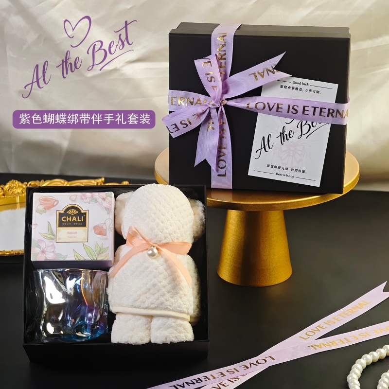 上白石  玻璃杯茶里白茶毛巾熊女士伴手礼ZBE-004