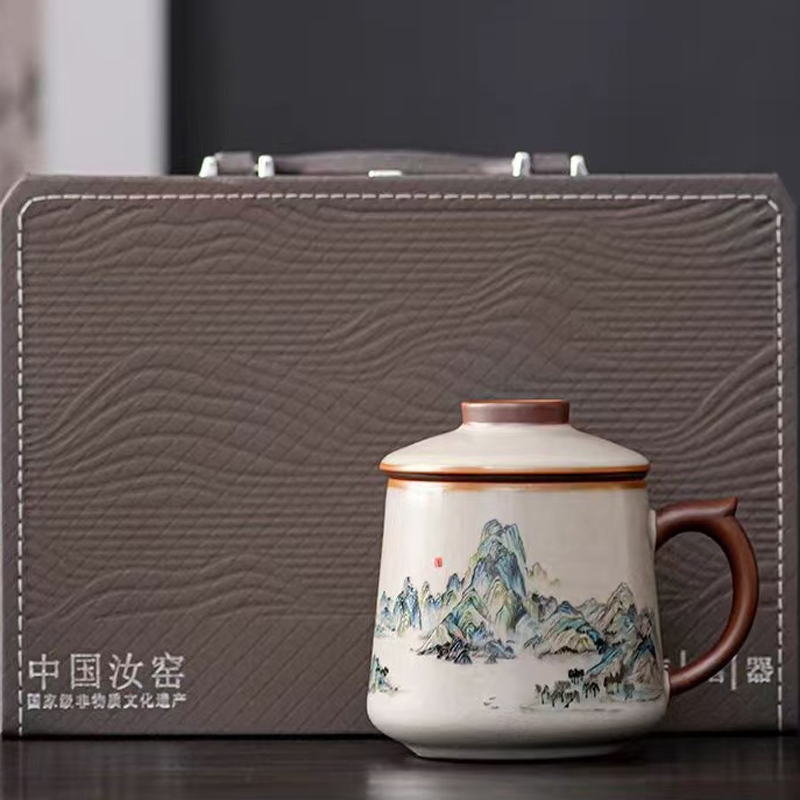 亚黄汝窑千里江山办公杯皮盒装