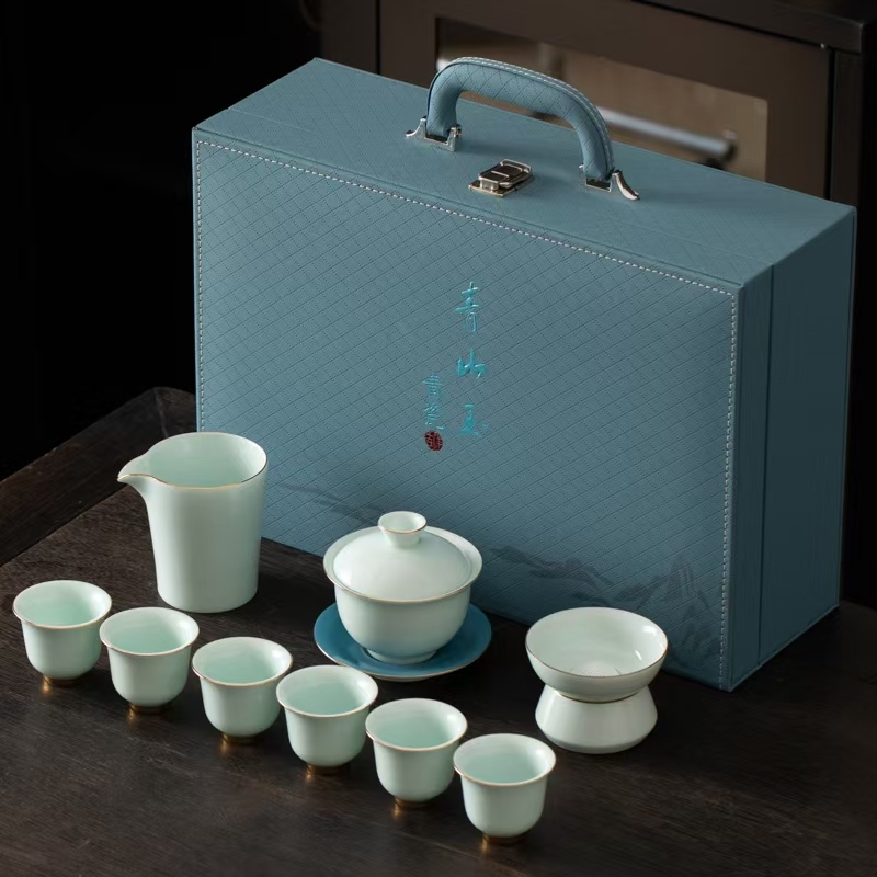 高端青山玉盖碗描金茶具套装