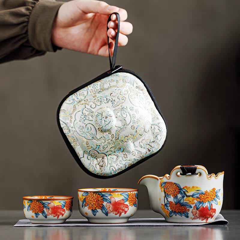 金桂献鲤亚黄汝窑旅行茶具