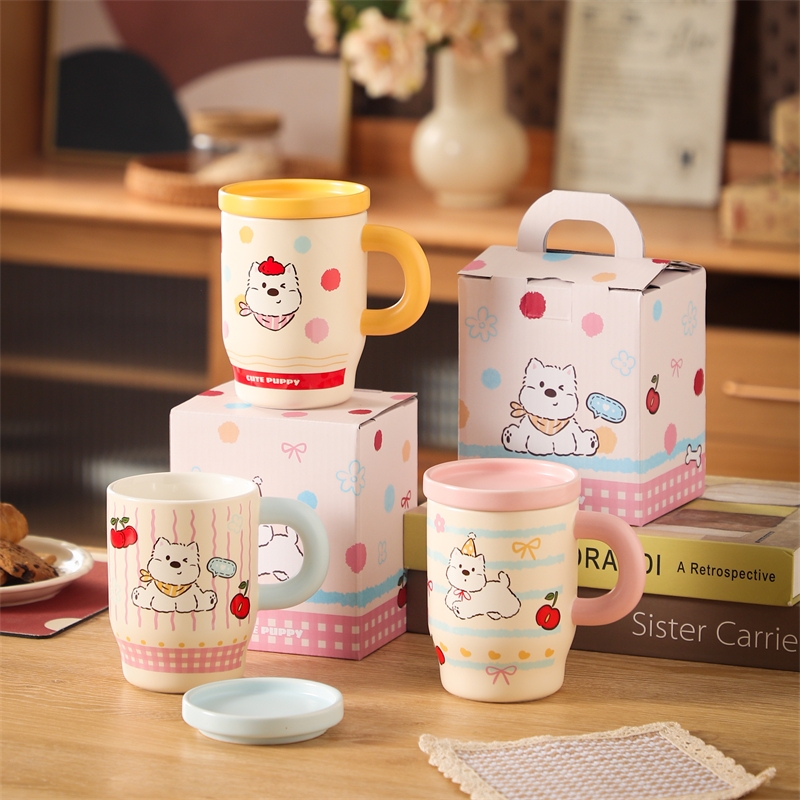 樱桃猫咪带盖陶瓷杯450ml3786