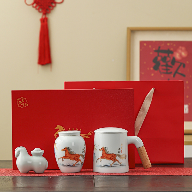 瓷伽什  前程似锦福马水杯茶叶罐套组CJS-KMH-009