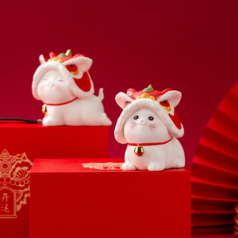 拂器  醒狮开运陶瓷舞狮猫摆件德化白瓷BJ002