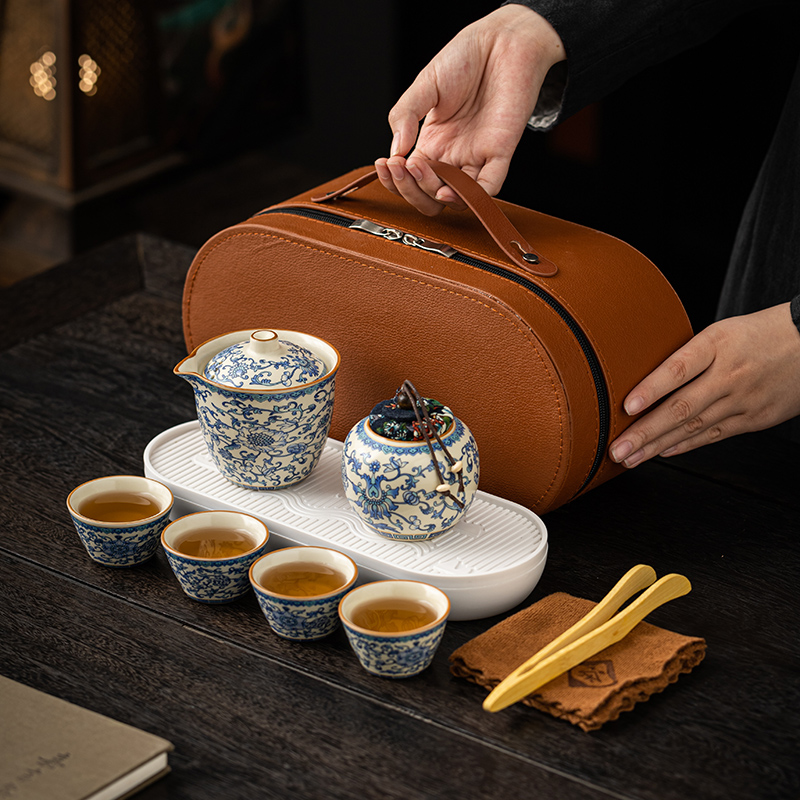 辞蕴  缠枝莲旅行茶具陶瓷快客杯便携式