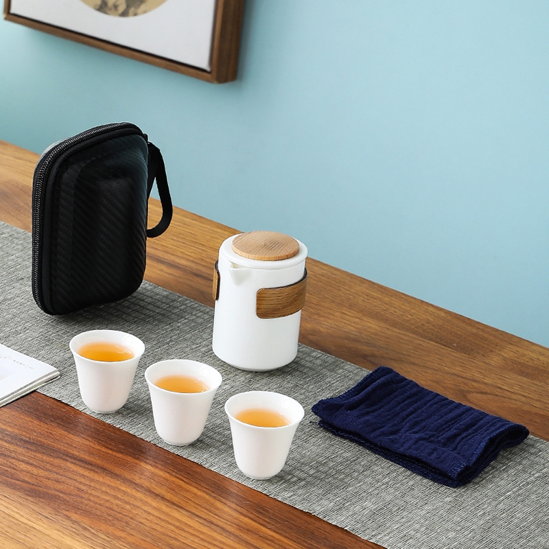户外踏青特级羊脂玉瓷实木茶具