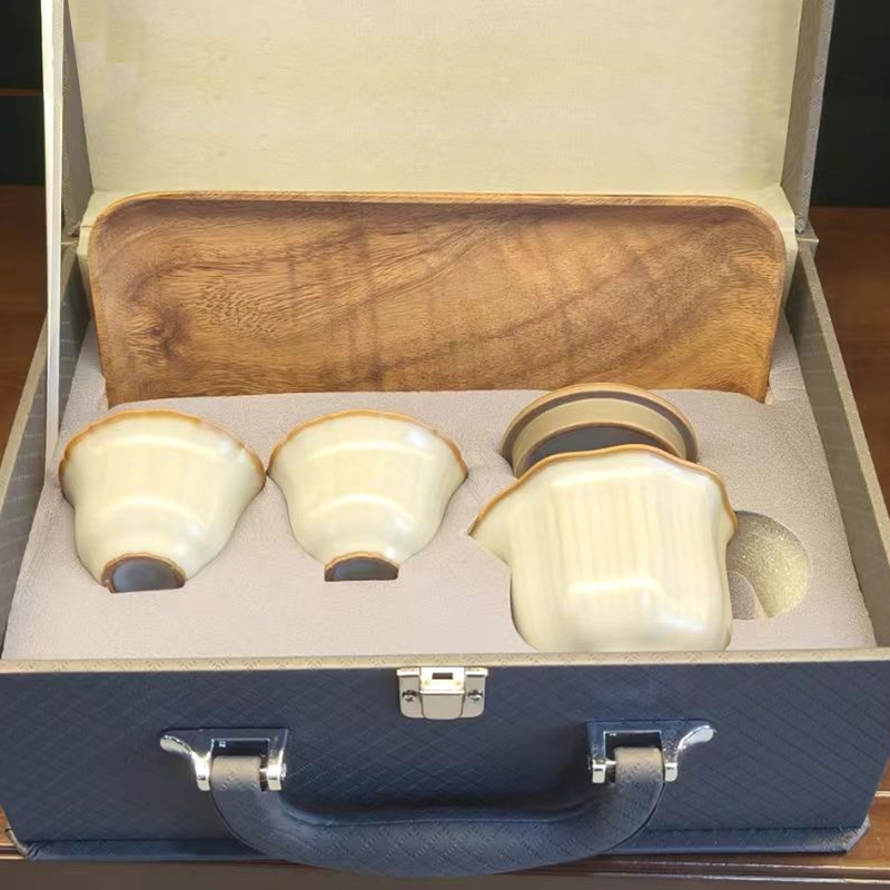 亚黄汝窑胡桃木茶盘套装