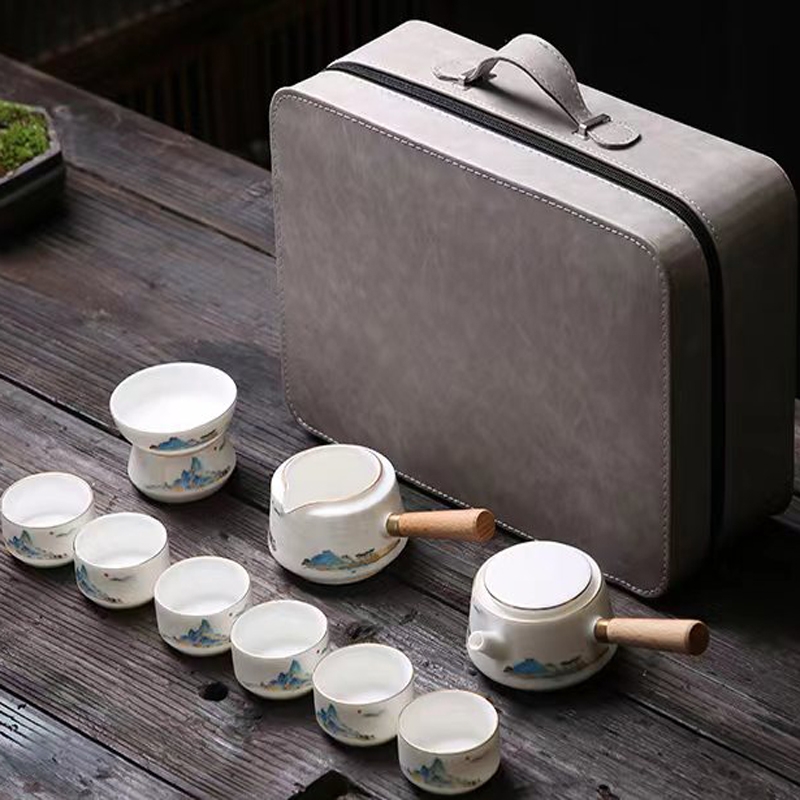 羊脂玉瓷千里江山旅行茶具套装