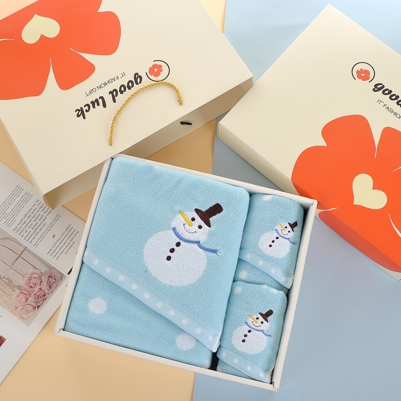 奥来纯  纯棉色织雪人毛巾浴巾三件套礼盒