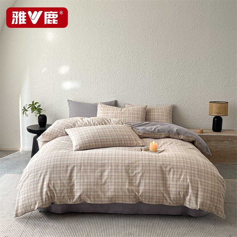 雅鹿  全棉色织水洗棉四件套从草集粉YLCN009