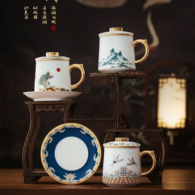 易硕  羊脂玉素烧描金办公杯茶杯马克杯YS-267