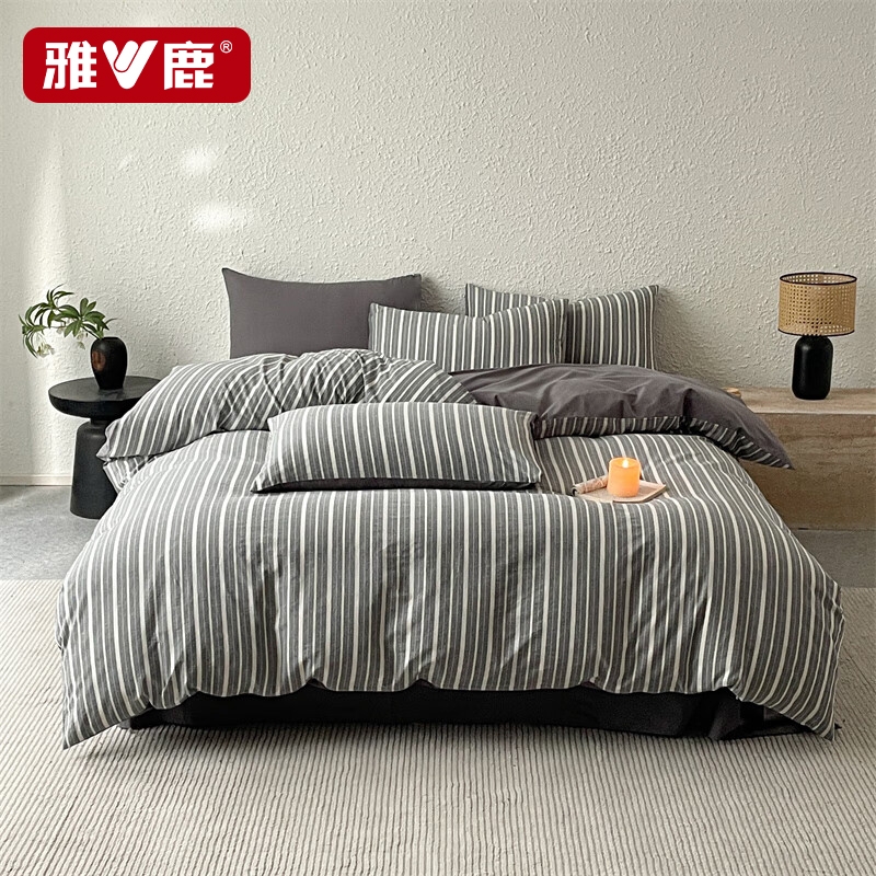 雅鹿  全棉色织水洗棉四件套雅诗灰YLCN008