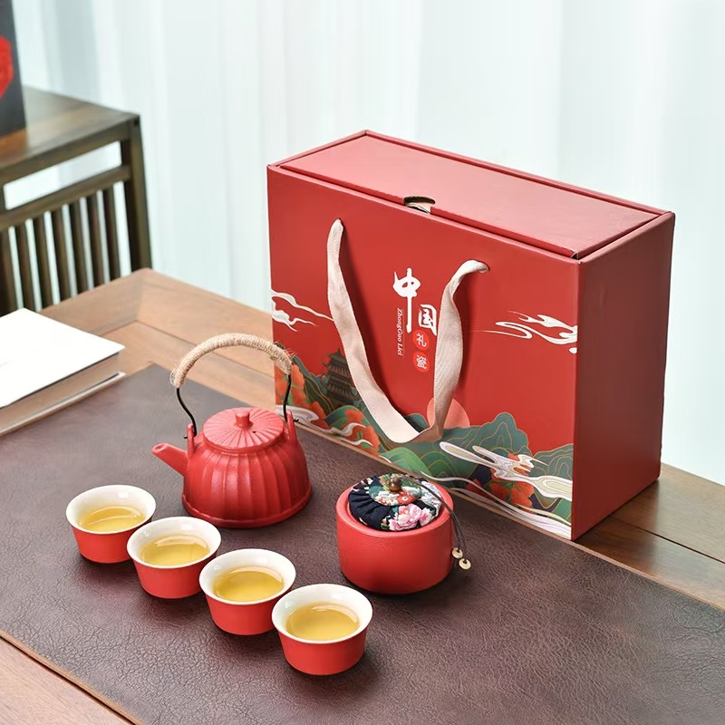 开门红6头浮雕提梁壶茶具套装