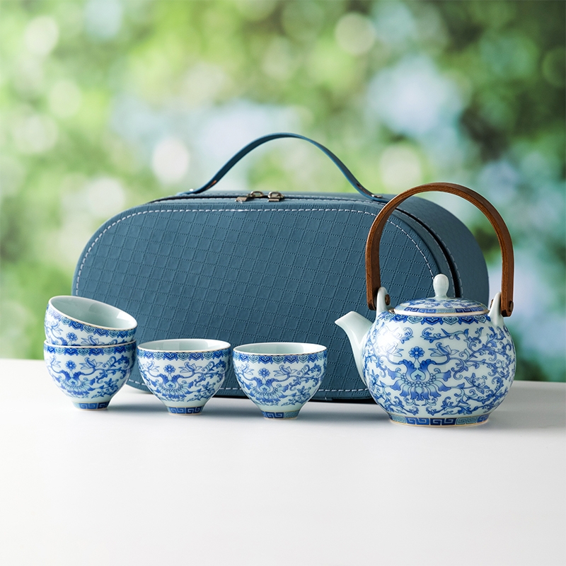 尾桥下窑  复古青花提梁壶旅行茶具礼品套装