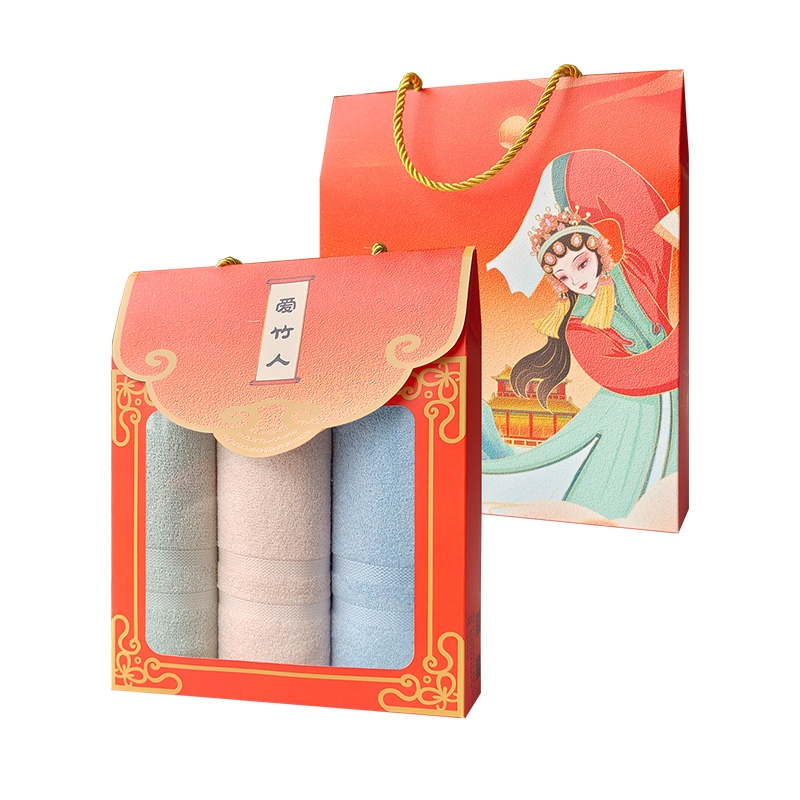 爱竹人  竹纤维美容毛巾红韵礼盒3条装A02