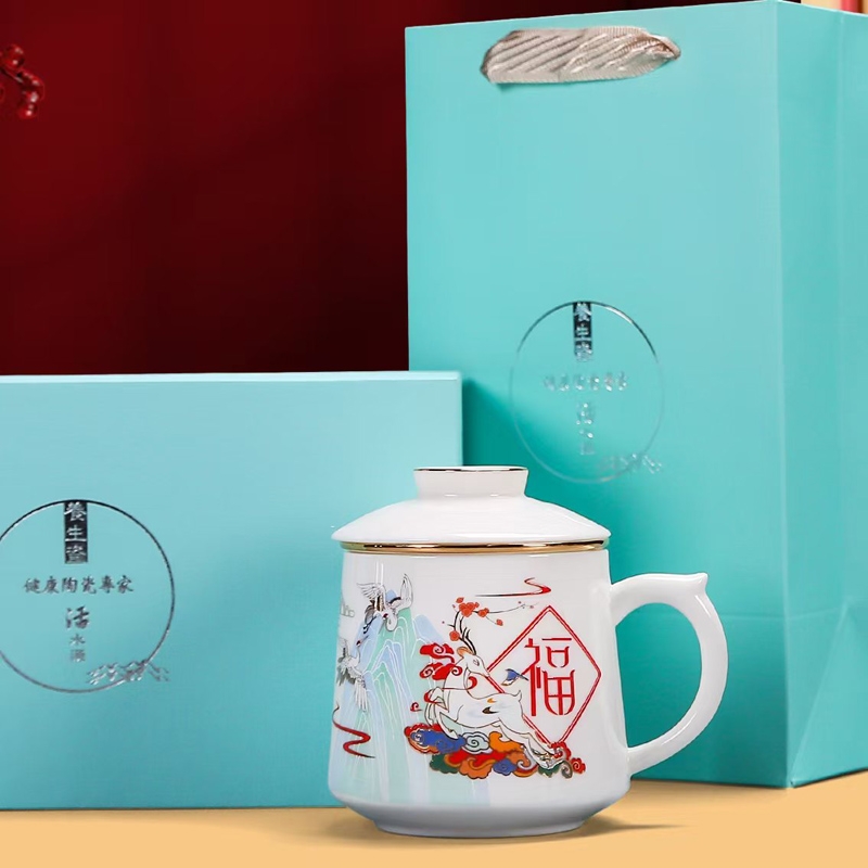 福鹿同行羊脂玉瓷办公杯套装