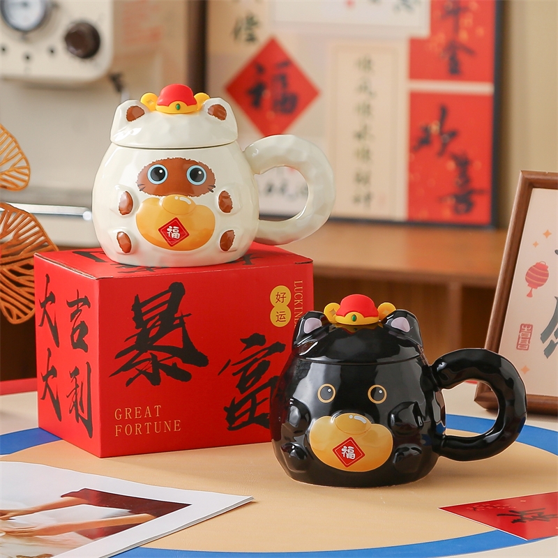 鸿运纳福猫咪陶瓷杯450ml2504