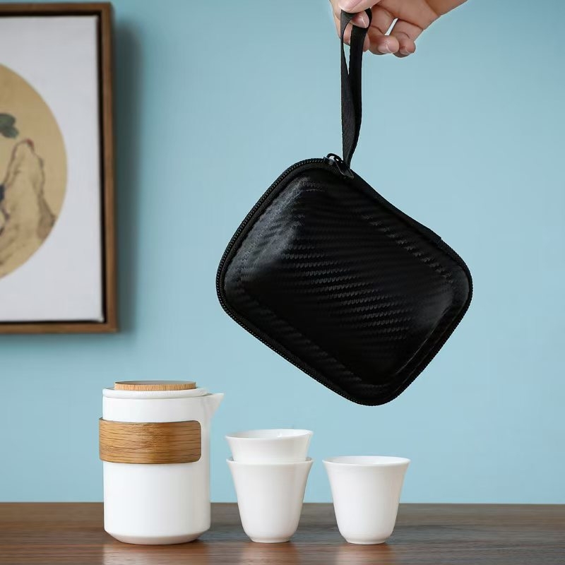 特级羊脂玉瓷实木旅行茶具