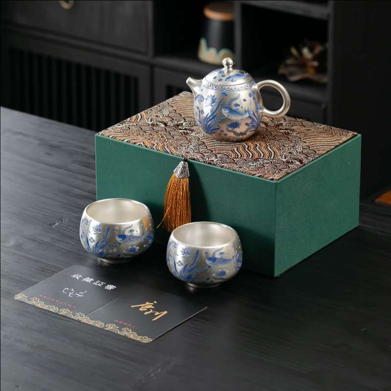 唐川  鎏银茶具套装一壶两杯礼盒装复古