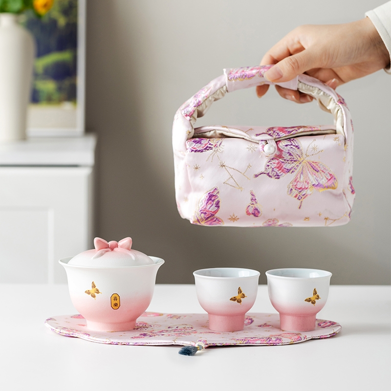 辞蕴  蝴蝶盖碗旅行茶具便捷收纳包套装