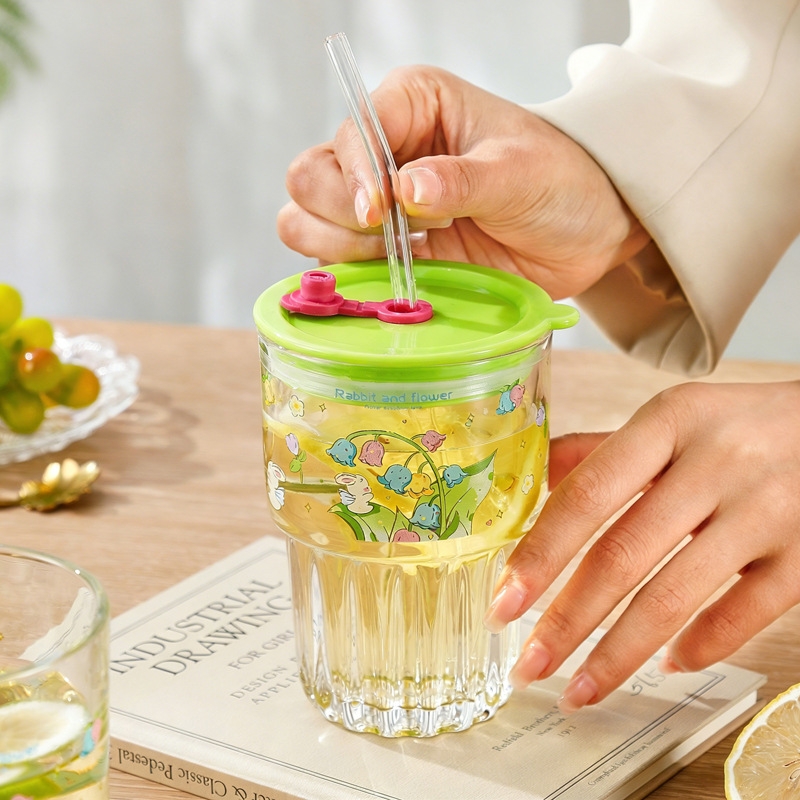 墨暄  可爱卡通印花玻璃杯咖啡杯吸管杯