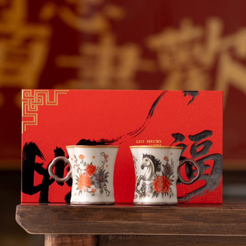 纳福马上花开汝窑对杯